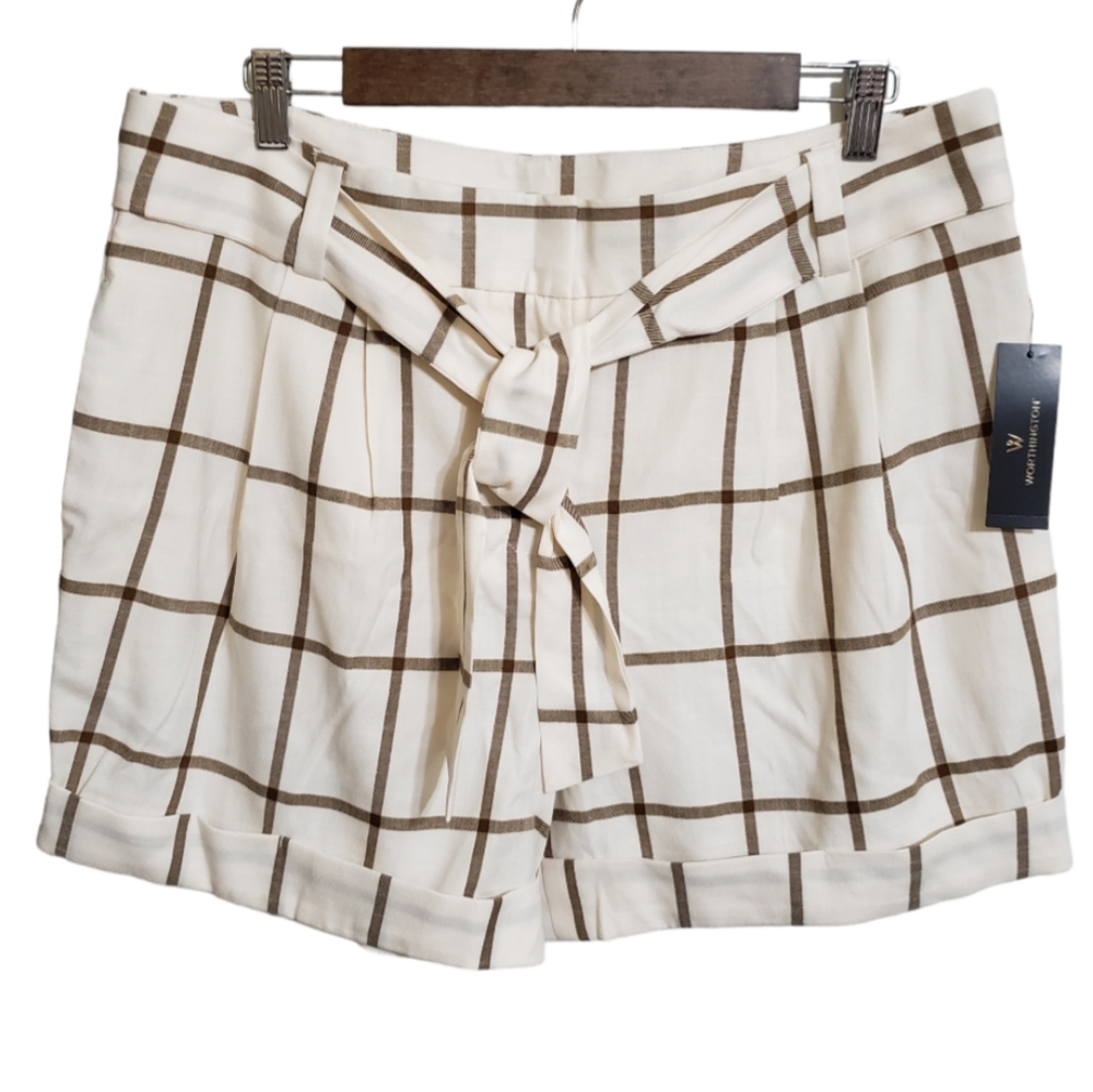 Worthington Windy Plaid High-Waist Belted Midi Shorts Women's Size 14 NWT